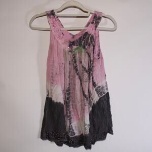 Island Style Pink And Gray Tie Dye Babydoll Bohemian Top With Beading